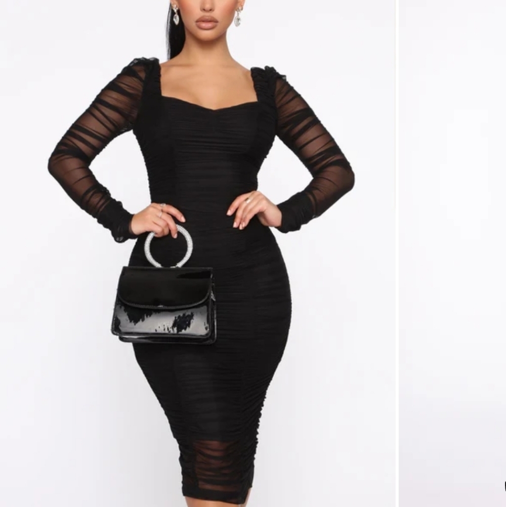 Fashion Nova Plus Black Ruched Mesh Midi Cocktail Evening Form Flattering Dress